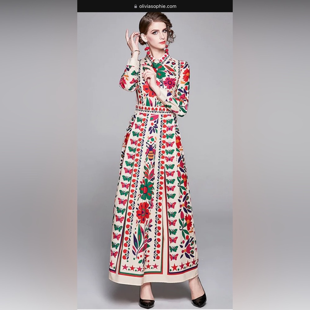Floral Maxi Dress - Cream with Red & Green